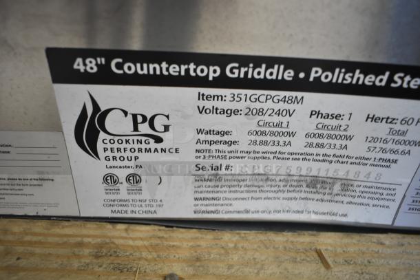 Cooking Performance Group G-CPG-48-M 48" electric griddle. Brand new, scratch and dent. 208/240V, model 351GCPG48M.