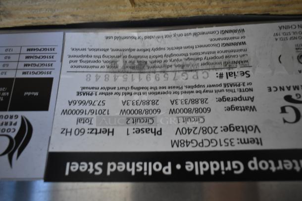 Label on Cooking Performance Group G-CPG-48-M Commercial 48" Electric Griddle, 208/240V, shows specs and serial number CPG524848.