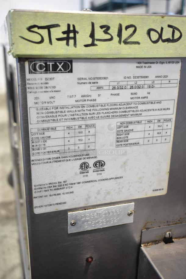 Middleby Marshall CTX DZ33T stainless steel commercial electric conveyor pizza oven label showing model, serial number, and specs.
