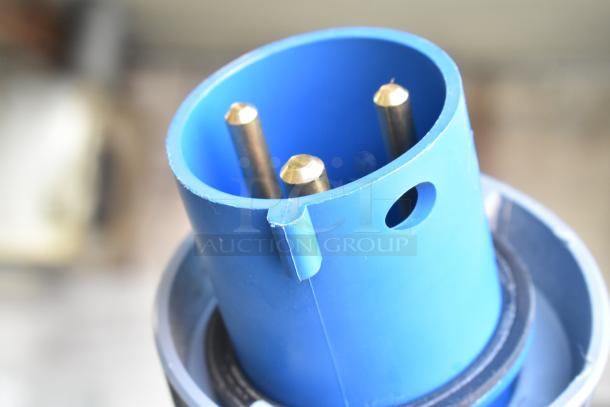 Belshaw 22306W Thermoglazing Station cord plug, blue connector with metal prongs, indicating 208V, 1 Phase.