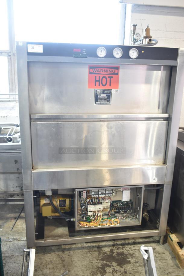 Douglas SD-20-ELEL commercial pot and pan washer, front load, stainless steel, 480V, 3 phase, with visible "Warning Hot" sign.