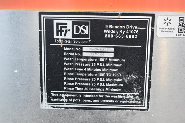 Douglas SD-20-ELEL commercial pot washer label, showing model details, temperature, and pressure specs.