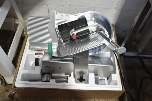 2019 Bizerba GSP HD commercial meat slicer, 120 volts, 1 phase. Brand new in original packaging, stainless steel finish.