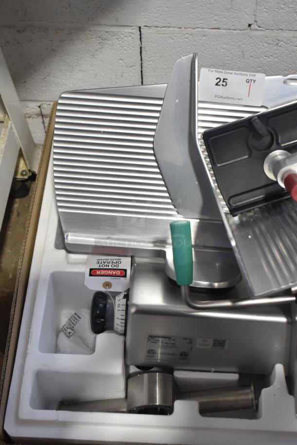 2019 Bizerba GSP HD commercial meat slicer, 120V, 1 Phase. Excellent condition, includes safety labels and manufacturer markings.