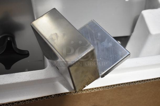 2019 Bizerba GSP HD Meat Slicer corner view, stainless steel, commercial-grade, showing control knob.