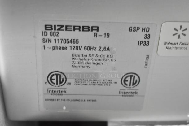 2019 Bizerba GSP HD meat slicer label; 120V, 1 phase, ETL certified, serial no. 11705465. Model R-19, IP33.