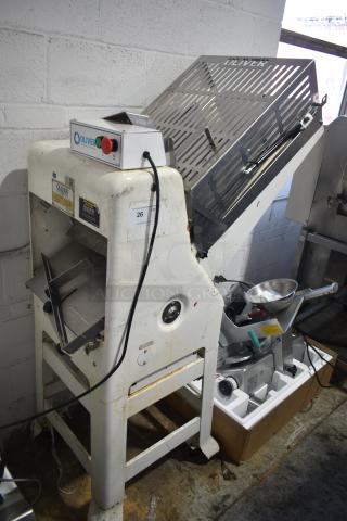 Oliver 797-32NC commercial bread slicer, floor style, with Pro Guard chute. Visible labels and 115V, 1-phase specs. Operational condition.