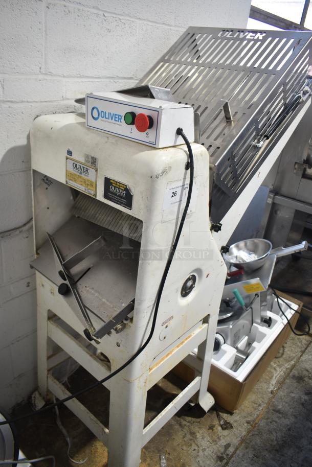 Oliver 797-32NC commercial bread slicer, floor style, Pro Guard artisan chute, 115V, visible wear, model labels shown.
