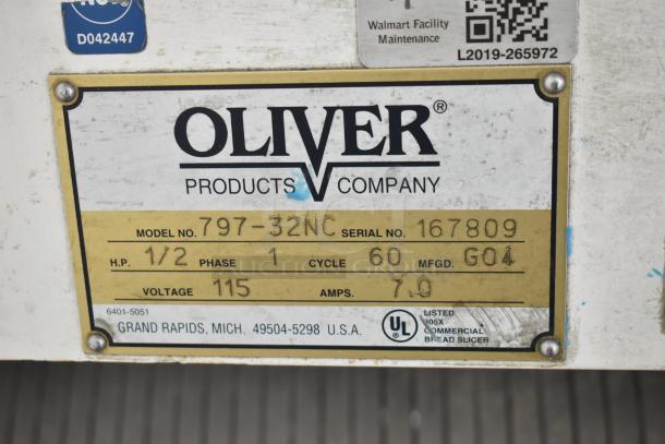Oliver 797-32NC Bread Slicer label showing model, serial number, voltage, and specifications. 115V, 1 Phase.