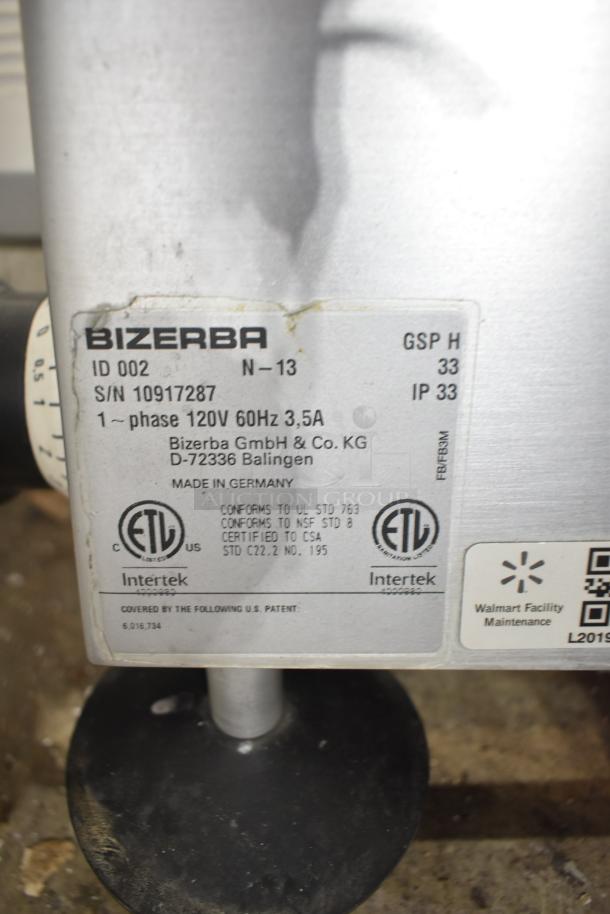 Bizerba GSP H commercial countertop meat slicer, 120V, 1 Phase, shown with label details; used condition.