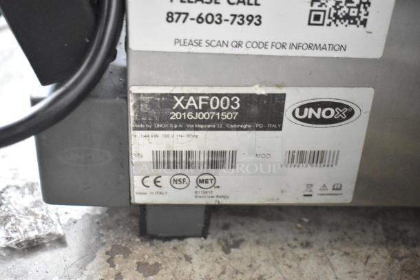 2016 Cadco Unox XAF003 Roberta metal convection oven label, model XAF003, 120V, 1 Phase, CE, NSF certified.