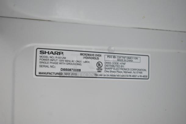 Sharp R-551ZM Microwave Oven label, 120V, 1 Phase, made May 2015, serial D550870088, manufactured in China.