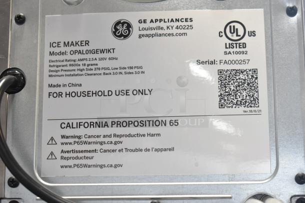 General Electric GE OPAL01GEW1KT Nugget Ice Maker label with specs, usage guidelines, and California Proposition 65 warning.