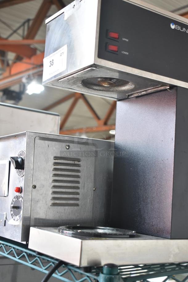 2021 Bunn VPR countertop coffee machine, 120 volts, 1 phase. Features dual warmers, stainless steel exterior, auction tag visible.