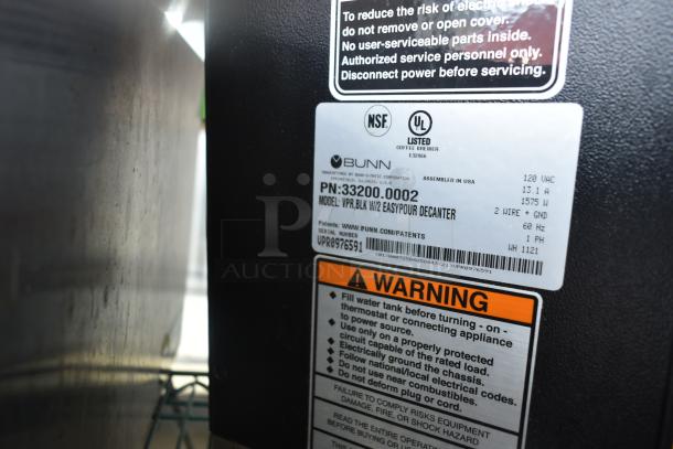 2021 Bunn VPR Countertop Coffee Machine label with model, serial number, and warning instructions shown.