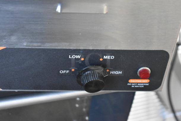 2019 Nemco 6055A Countertop Food Warmer, 120 Volts, 1 Phase, thermostat control knob, metal body, caution label visible.