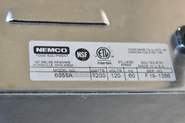 2019 Nemco 6055A countertop food warmer label, 120 volts, 1 phase, NSF and ETL listed. Made in USA.
