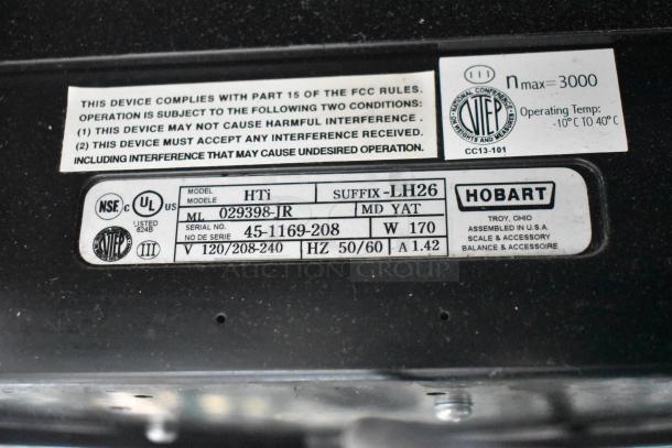 2017 Hobart HTi-7LH26 commercial scale label showing model and serial numbers. Tested and working. 120/208-240V, 1 Phase.