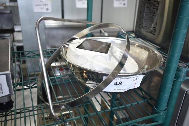 Detecto SCS30 produce scale with bowl on metal shelf, featuring digital display and stainless steel construction. Auction tag "48" visible.