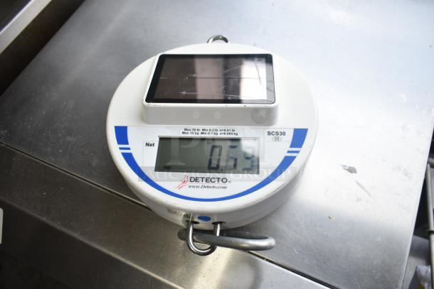 Detecto SCS30 produce scale with a bowl, features digital display, hooks, and visible brand markings; in clean condition.