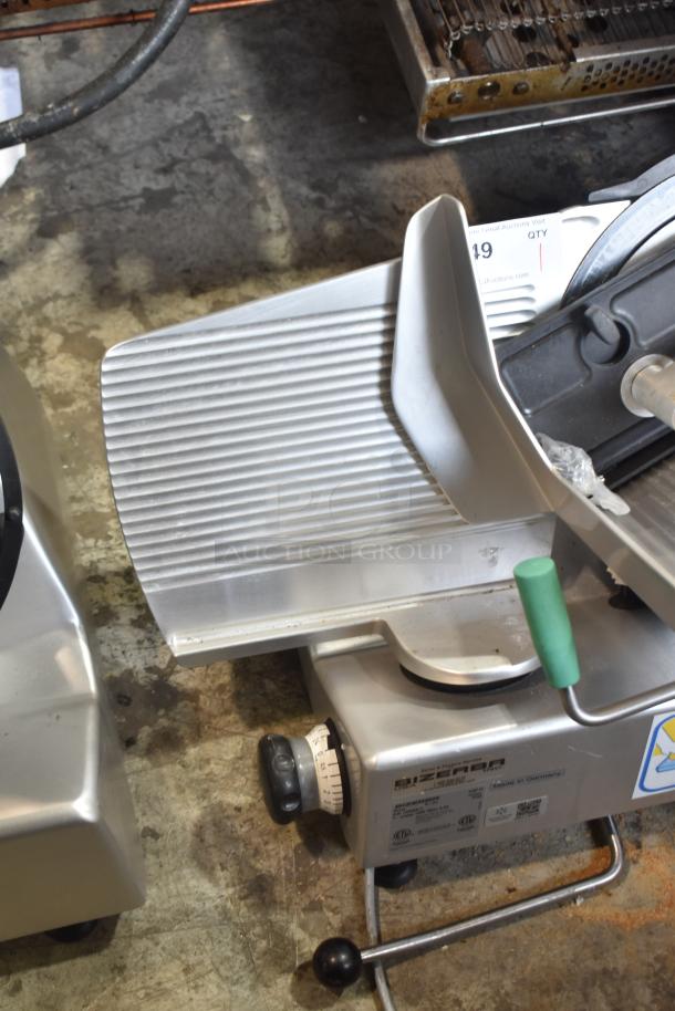 2021 Bizerba GSP H commercial meat slicer, 120 volts, 1 phase, features adjustment knob, green handle, and visible labels.