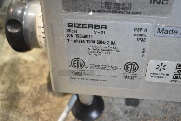 2021 Bizerba GSP H commercial meat slicer, 120V, 1 phase. Features serial number and compliance labels.