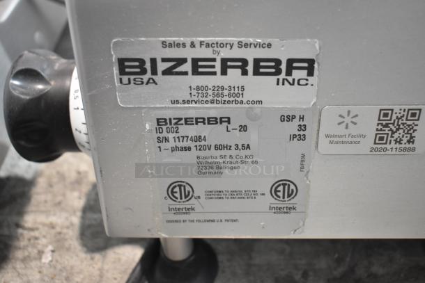 2020 Bizerba GSP H commercial meat slicer, 120V, 1 phase. Shows factory service label, serial number 11774084.