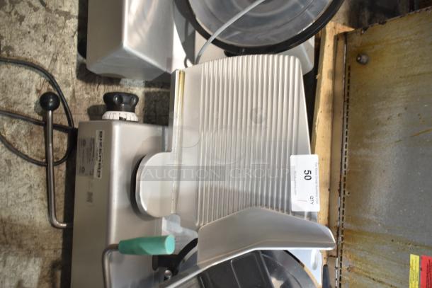 2020 Bizerba GSP H commercial meat slicer, silver, countertop model, 120V, 1 phase, excellent condition, tag visible.