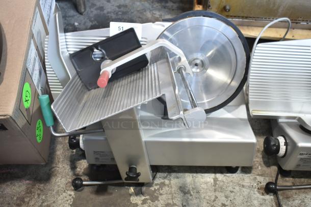 2017 Bizerba GSP H commercial meat slicer, 120V, 1 phase, clean condition, features adjustable blade, safety guard, model markings visible.