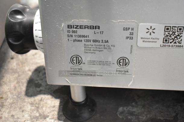 2017 Bizerba GSP H Commercial Meat Slicer label, 120V, 1 Phase, with safety and compliance marks, in good condition.