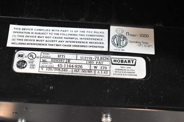 2017 Hobart HTi-7LH26 food portioning scale, 120/208-240V, tested and working, with compliance and model labels.