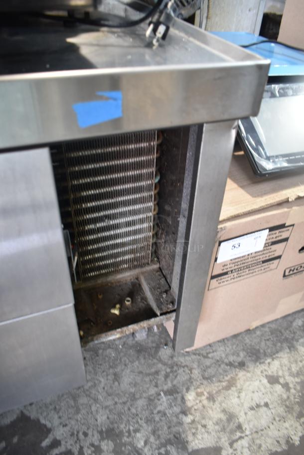 True TRCB-36 commercial chef base with two drawers, on casters, visible open vent compartment. 115 Volts, 1 Phase.