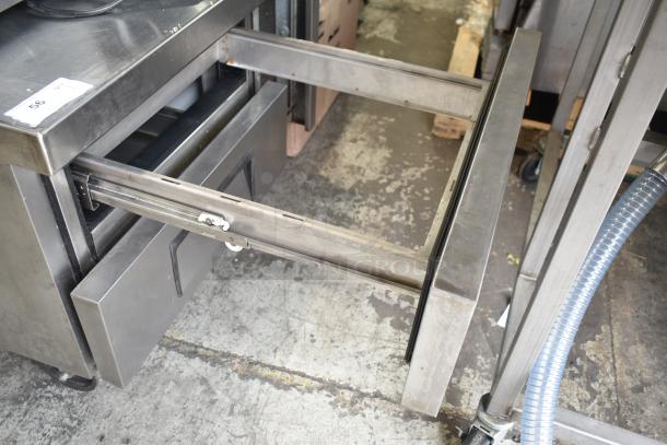 True TRCB-36 2 Drawer Chef Base on casters, stainless steel, used condition, commercial 115V, 1 Phase, visible model label.