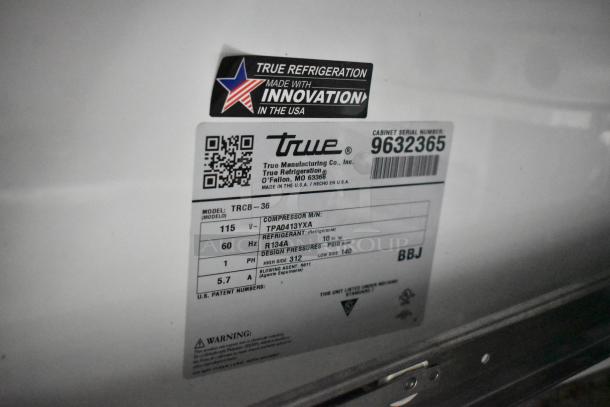 True TRCB-36 label showing model, 115V specifications, and serial number. "Made with Innovation" sticker included.