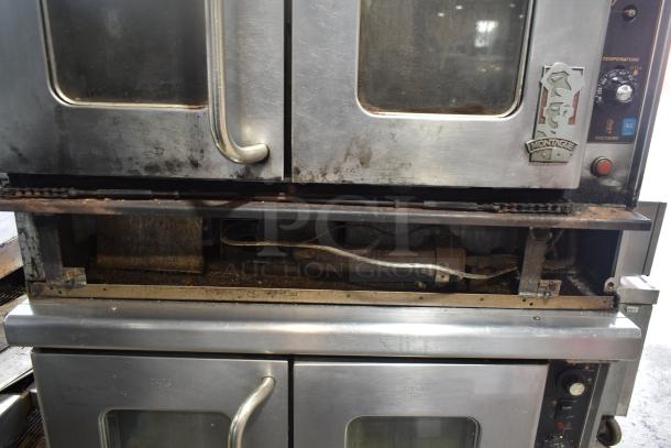 Montague commercial gas convection oven with view-through doors, thermostatic controls, and visible wear. Montague logo present.