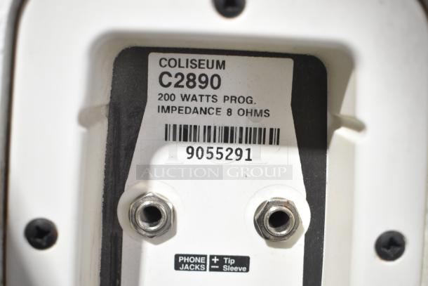 Coliseum C2890 8 ohm speaker label showing 200 watts power capacity, phone jack inputs, and serial number 9055291.