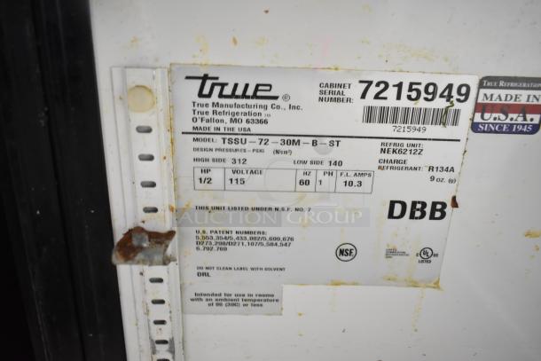 True TSSU-72-30M-B-ST commercial sandwich prep table label showing model info, 115V, 1/2 HP, UL, NSF certified.