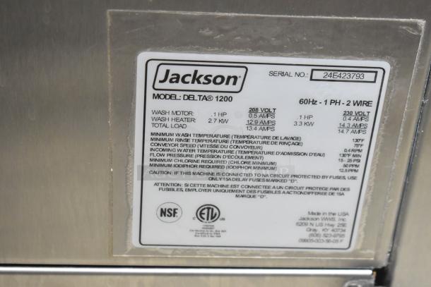 2024 Jackson DELTA 1200 Commercial Glass Washer; undercounter model; washes 1200 glasses/hr; 208/230V, 1-phase; label details specs.