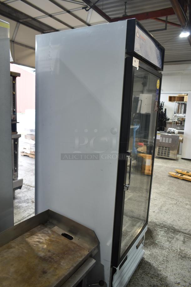 Everest EMGR24 commercial single door reach-in cooler merchandiser; 115 volts, 1 phase; visible wear; glass door.
