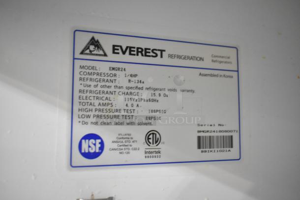 Everest EMGR24 commercial cooler label; 115 volts, 1 phase, 1/4HP compressor, R-134a refrigerant, NSF certified.