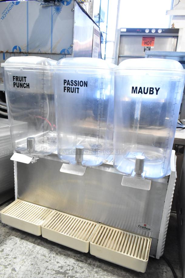 Crathco Commercial 3 Hopper Refrigerated Beverage Machine, 115V, clear labeled hoppers for fruit drinks, good condition.