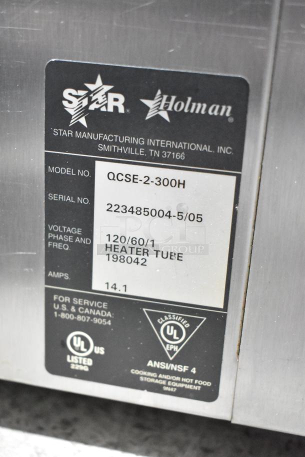 Star Holman QCSE-2-300H electric conveyor toaster oven, 120V, 1 phase. Features UL listing and service contact info.
