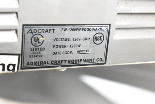 Adcraft FW-1200WF Commercial Food Warmer, 120V, 1200W, UL and NSF certified, date code 06/2012, silver finish.