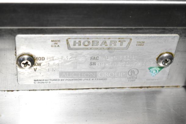 Hobart ET-13/4 Countertop 2 Slot Toaster, 115V, 1 Phase. Metal label with serial number, model, and UL certification visible.