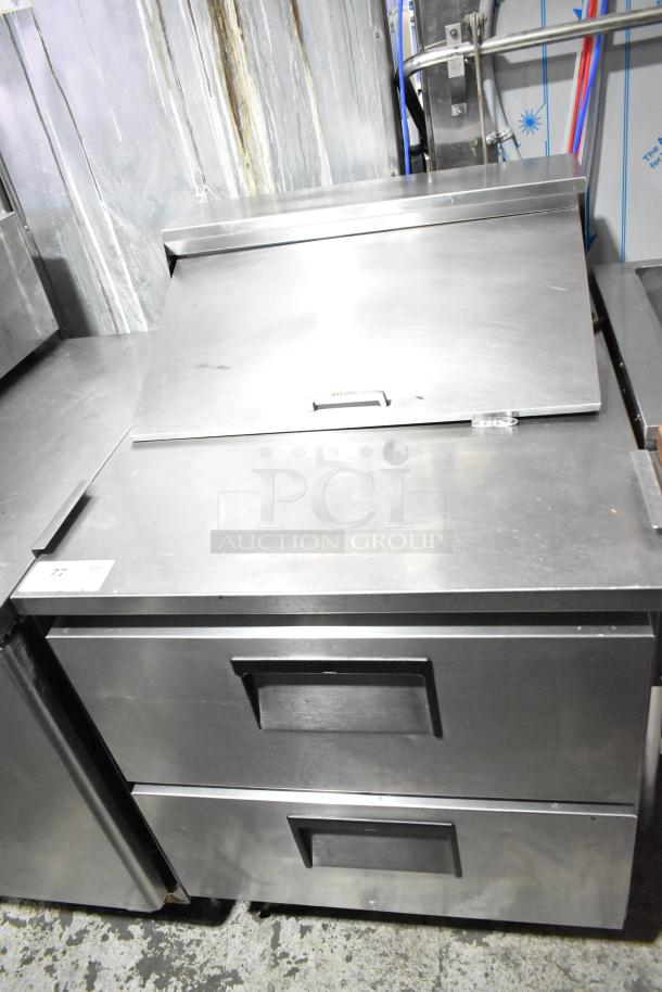 True Commercial Sandwich Salad Prep Table Bain Marie, features mega top, 2 drawers, commercial casters, stainless steel, 115 volts.