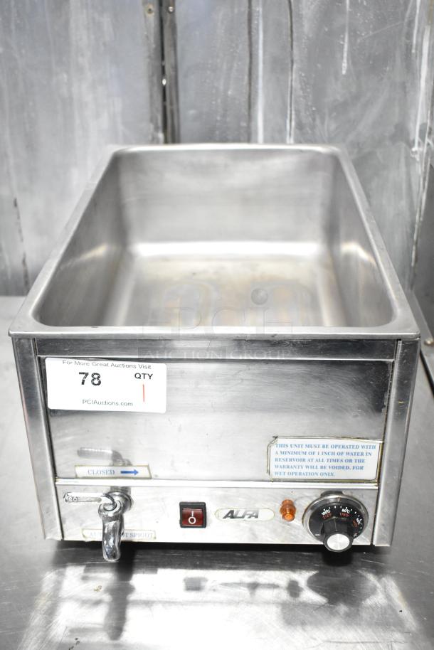 Alfa FW9000 Commercial Countertop Food Warmer, 120 Volts, 1 Phase, stainless steel, dial control, spigot, excellent condition.