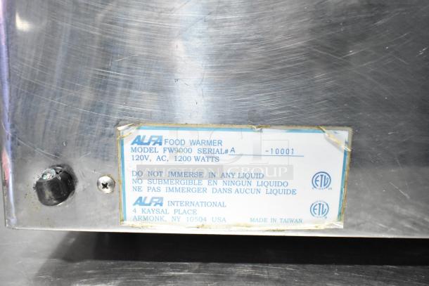 Alfa FW9000 Commercial Countertop Food Warmer, 120V, 1 Phase, 1200 Watts. Stainless steel body with serial number and safety label.