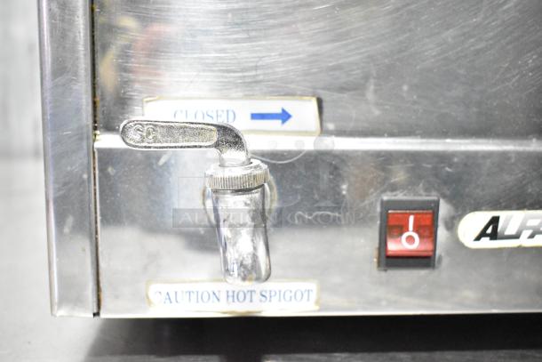 Alfa FW9000 Commercial Countertop Food Warmer, stainless steel, on/off switch, spigot with "Caution Hot Spigot" label.