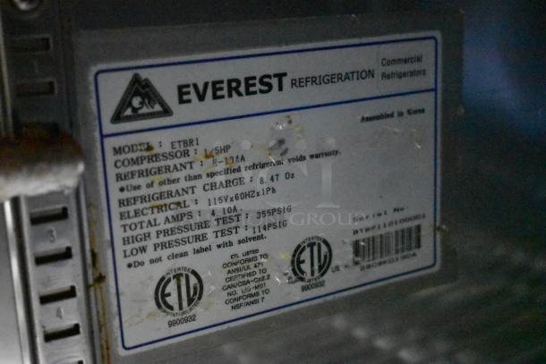 Everest ETBR1 commercial cooler label, showing specifications: 115V, R-134A refrigerant, 1/5 HP compressor.