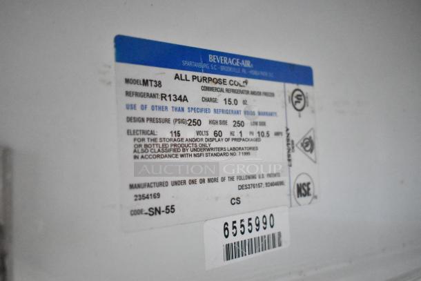 Beverage Air MT38 commercial cooler label showing model, refrigerant info, electrical specs, and NSF certification.